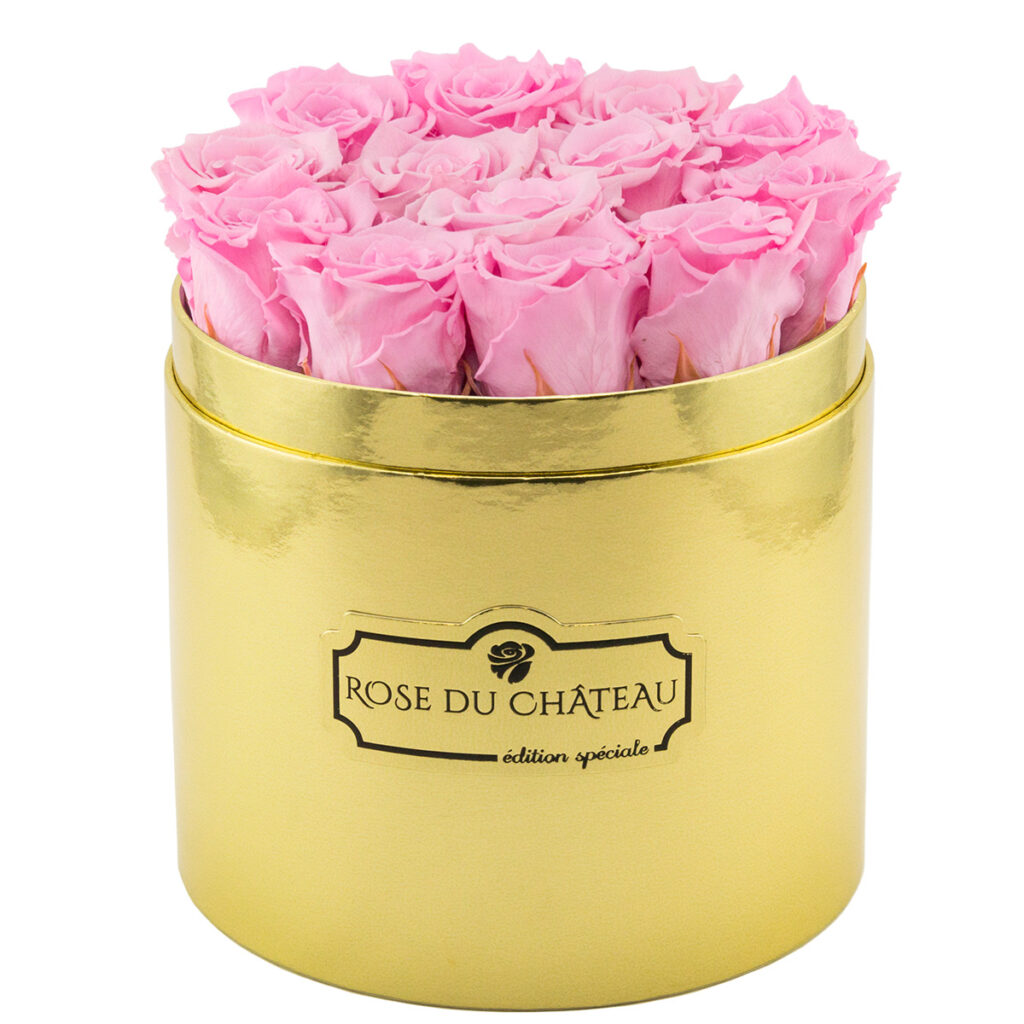 Bladoróżowe Wieczne Róże Złoty Flower Box luksusowy prezent na wyjątkową okazję