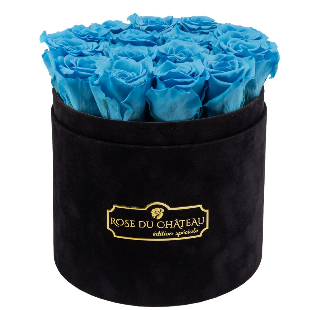 Błękitne Wieczne Róże Czarny Flokowany Flower Box na Gratulacje