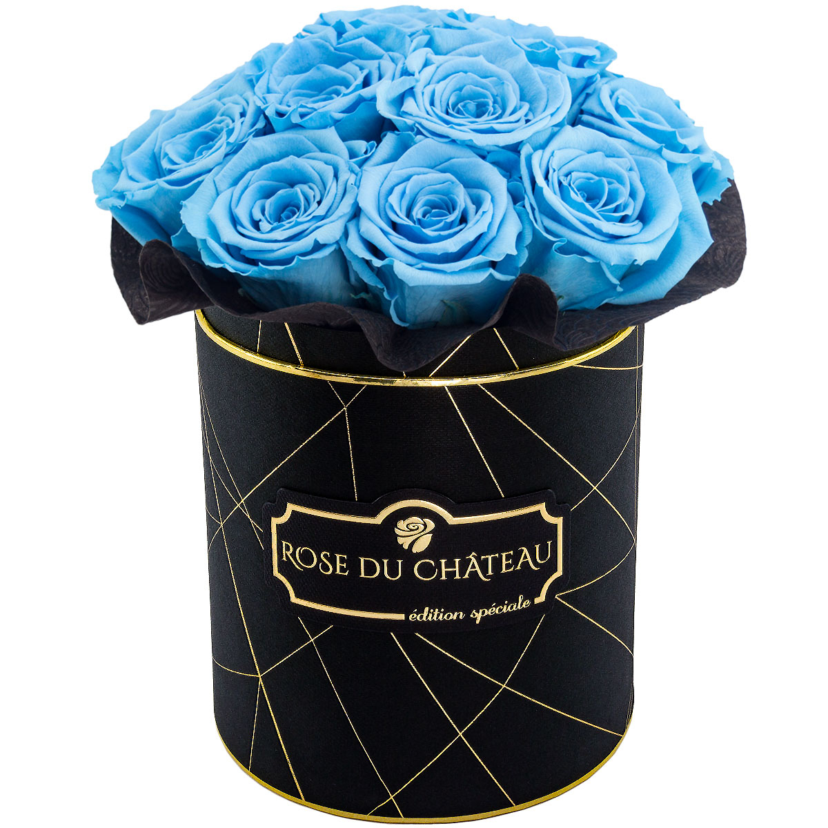 Błękitne Wieczne Róże Bouquet w Czarnym Industrialnym Boxie Błękitne Wieczne Róże Bouquet w Czarnym Industrialnym Boxie
