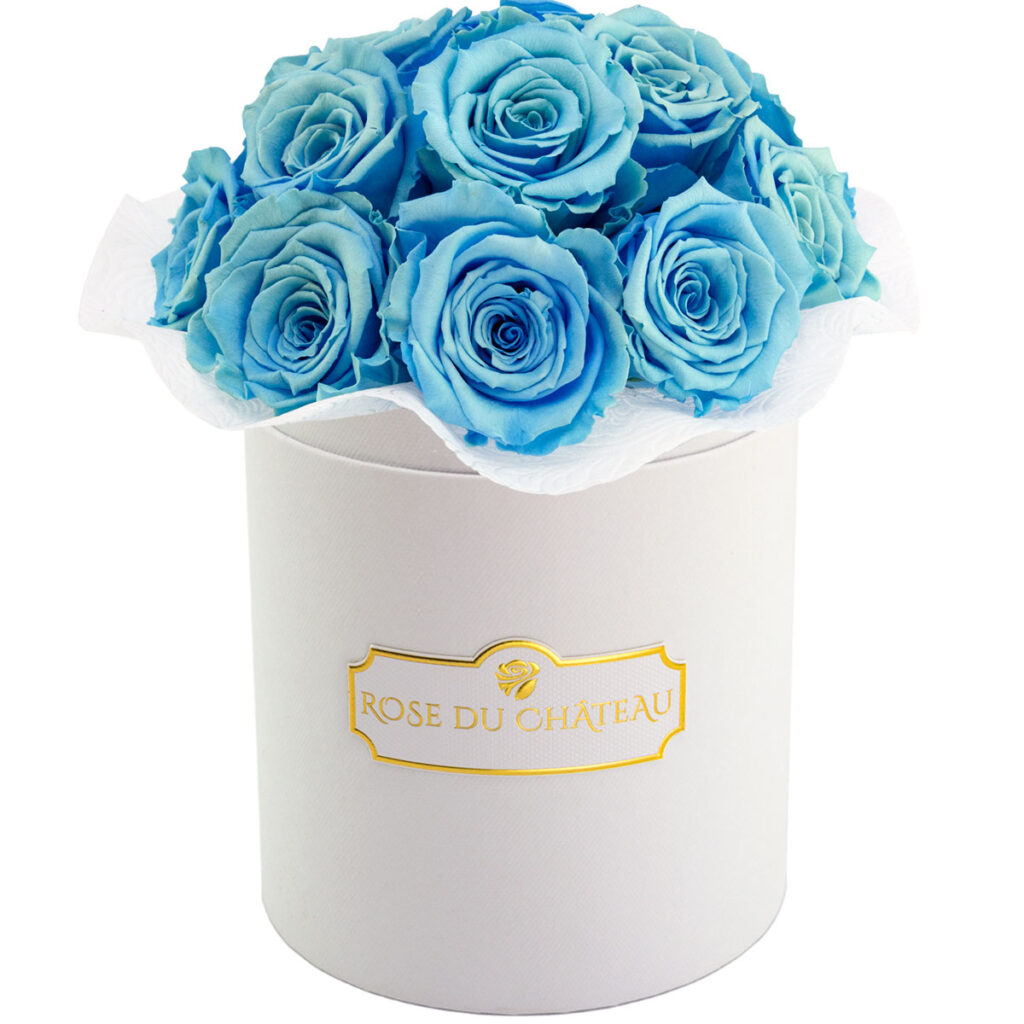Błękitne Wieczne Róże Bouquet w Białym Boxie Bukiet Różany