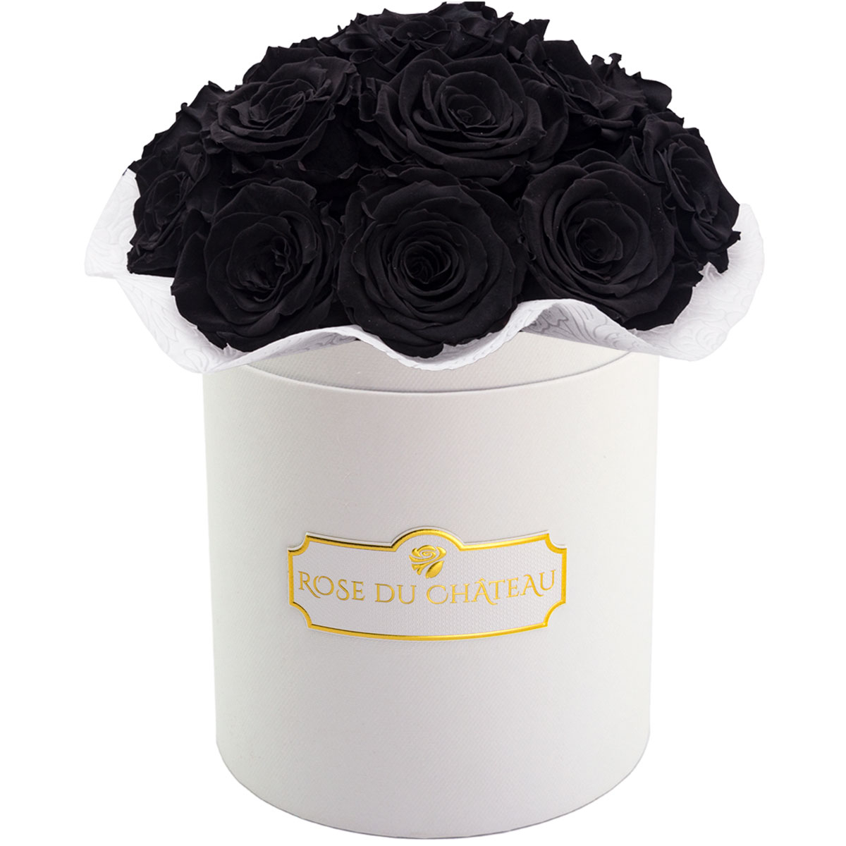 Black Eternal Roses Bouquet in White Box Bukiet Czarnych Róż Wiecznych w Białym Boxie trwałe kwiaty Rose du Chateau