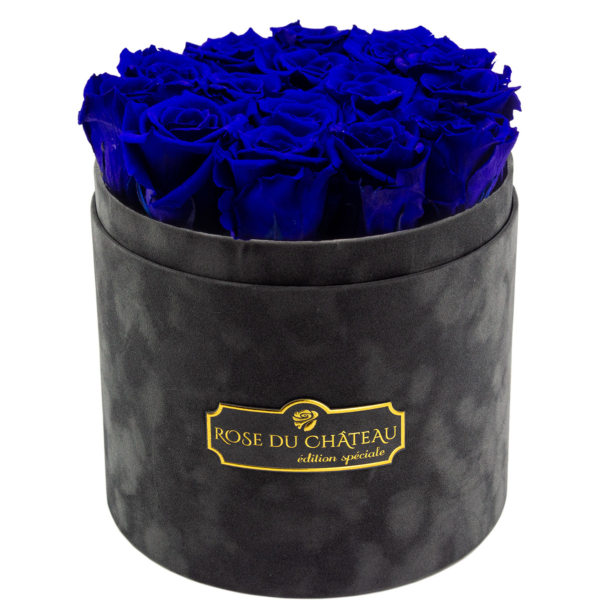 Blaue Ewige Rosen in anthrazitgeflockter Box Blaue Ewige Rosen in anthrazitgeflockter Box