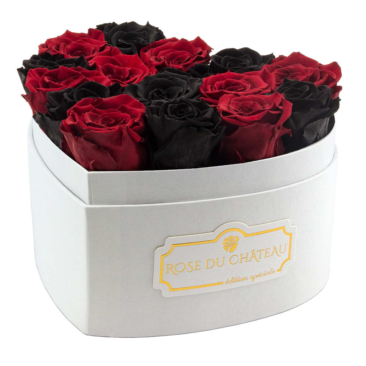 Czarne & Czerwone Wieczne Róże Biały Flowerbox Serce Czarne & Czerwone Wieczne Róże Biały Flowerbox Serce