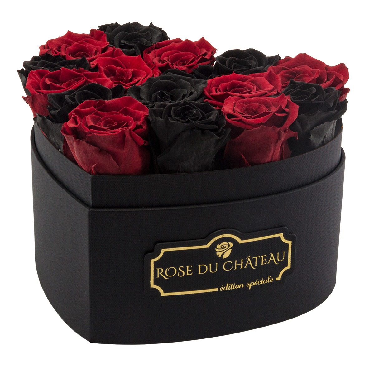 Czarne & Czerwone Wieczne Róże w Czarnym Boxie Heart Boks z Różami Boks z Różami czerwone i czarne wieczne róże we flower boxie serce