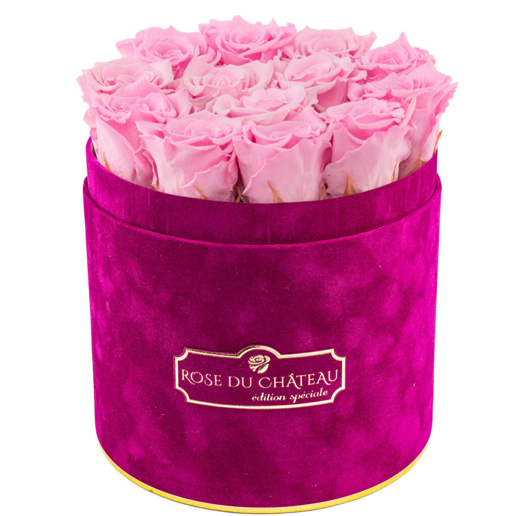 Bladoróżowe Wieczne Róże na Podziękowanie w Fuksjowym Flokowanym Flowerboxie róże w pudełku