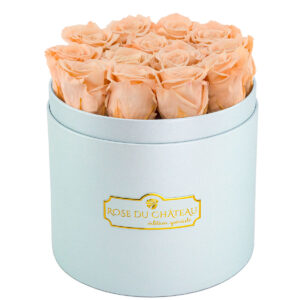 Teefarbene ewige Rosen in der hellblauen Box