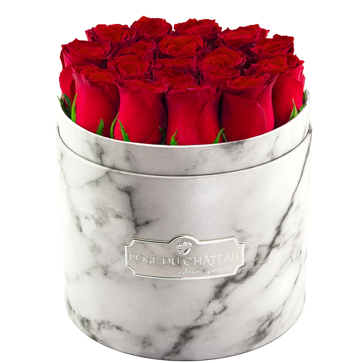 Édition Spéciale Boîte Blanche en Marbre avec des Roses Rouges Vivantes Édition Spéciale Boîte Blanche en Marbre avec des Roses Rouges Vivantes