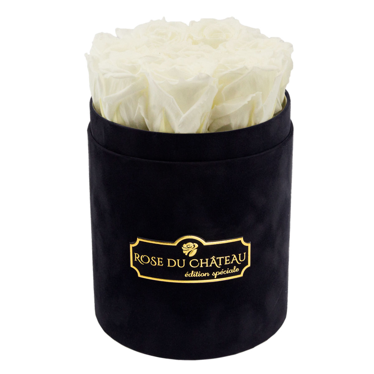 Białe Wieczne Róże w Czarnym Małym Flokowanym Boxie Eleganckie Kwiaty Białe Wieczne Róże w Czarnym Małym Flokowanym Boxie Eleganckie Kwiaty