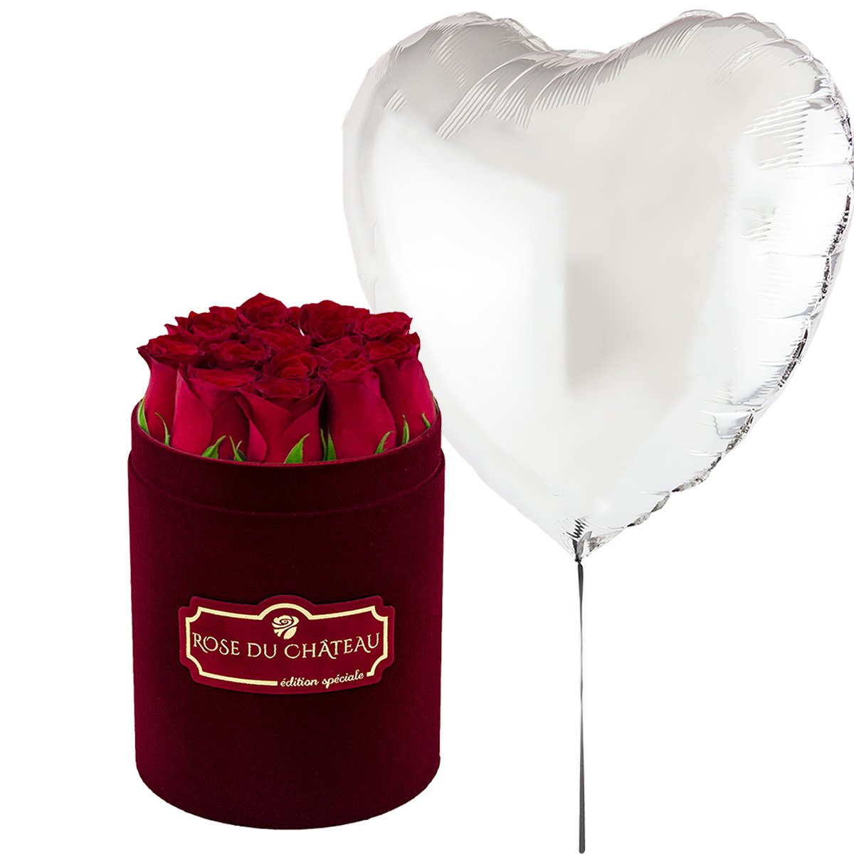 Palloncino cuore argentato & Piccolo flowerbox floccato con rose rosse vive Palloncino cuore argentato & Piccolo flowerbox floccato con rose rosse vive